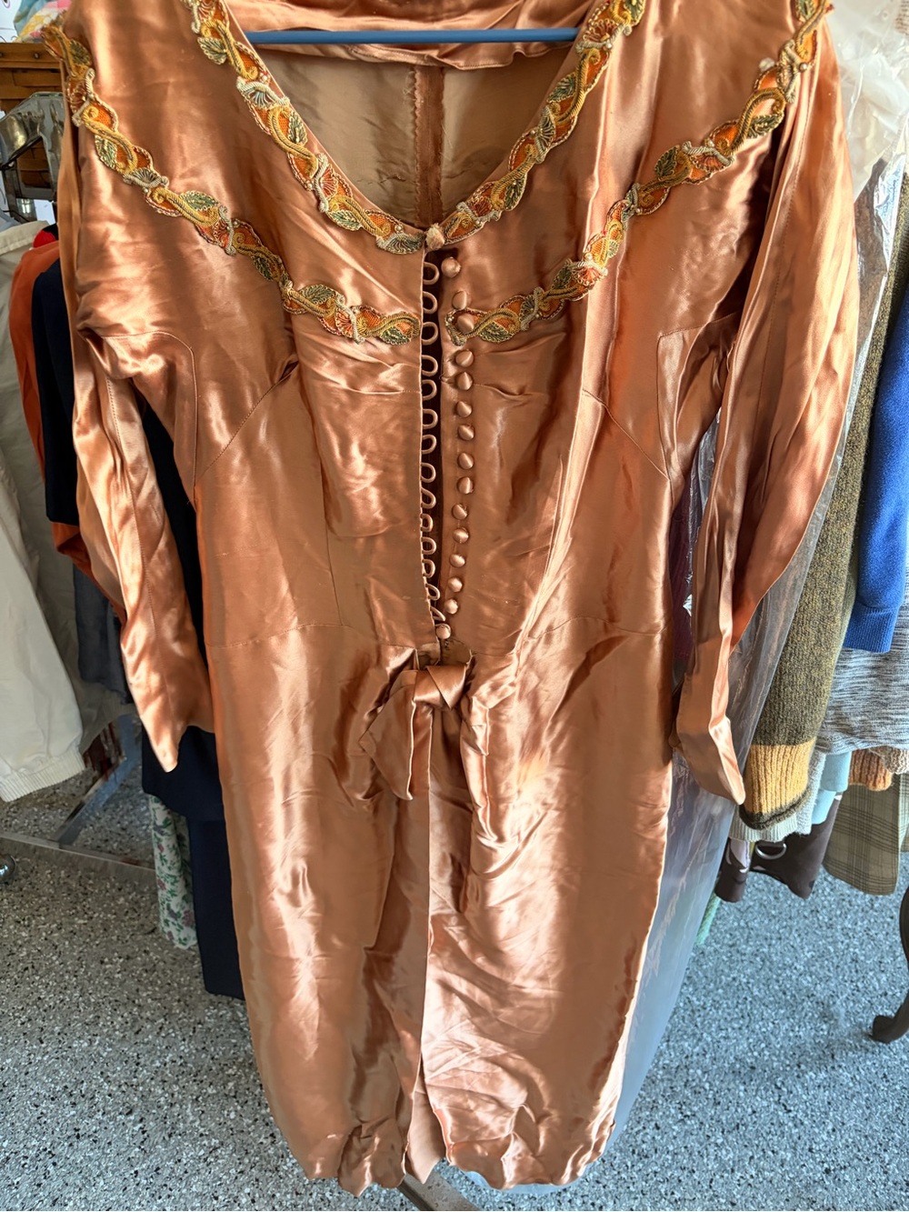 Women's Long Sleeve Satin Dress in Copper with Embroidered Trim